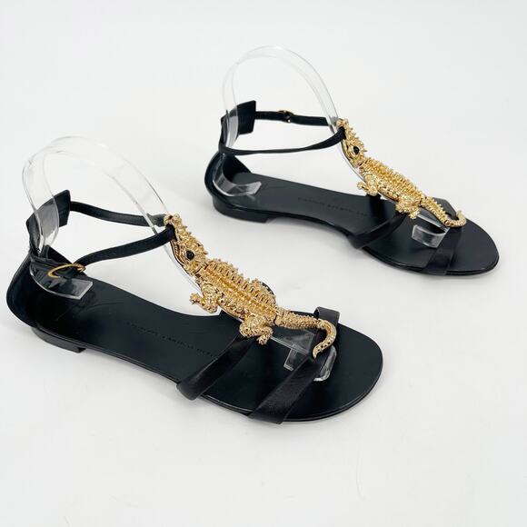 Giuseppe Zanotti Black Leather Gold Crocodile Embellished Flat Sandals IT 37.5 - Picture 2 of 13